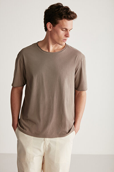 GRIMELANGE Ανδρικό μπλουζάκι με ανοιχτό γιακά Davınson, 100% βαμβακερό καφέ