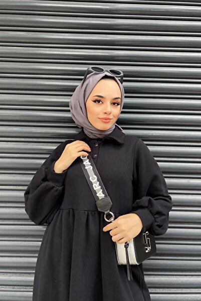 Şule Giyim Önden Düğmeli Üç Iplik Elbise Siyah