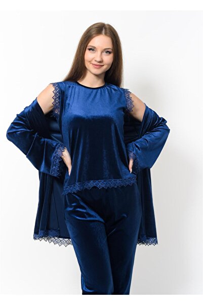 Nuseel Kadın Kadife 3'lü Gecelik Takım Lacivert