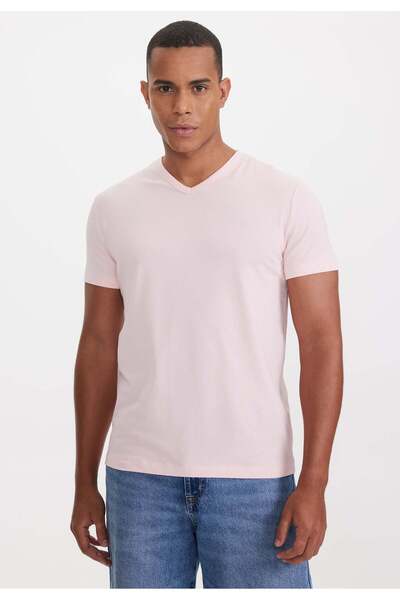 WESTMARK LONDON Light Pink V-Neck Regular Fit Basic Men's T-Shirt THEO