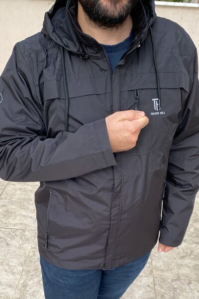 Remsa Spor Large Size Men's Hooded Windproof Pocket Detail with Mesh Inside Black Th901