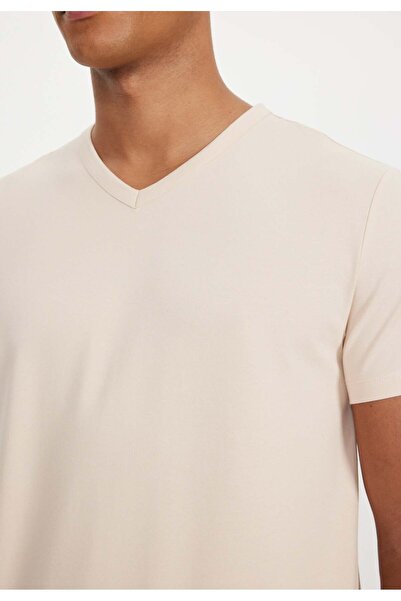 WESTMARK LONDON Ανδρικό μπλουζάκι με ανοιχτό καφέ V-λαιμόκοψη Regular Fit Basic Theo