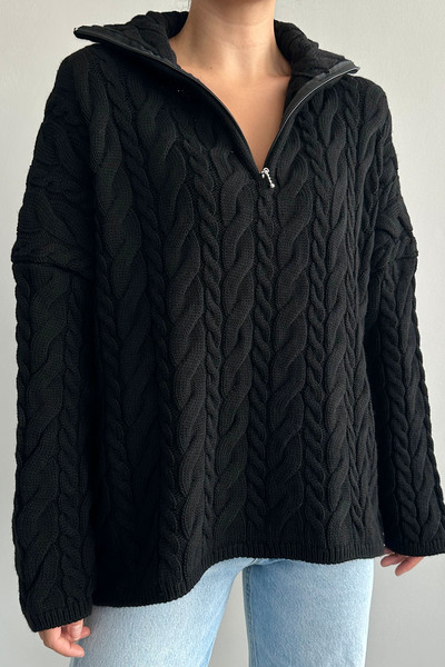 Lupies Women's Black Turtleneck Zippered Knitted Oversize Knitwear Sweater
