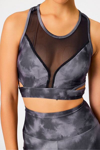 GRAB Gray Tie Dye Pattern Tulle Detailed Sports Bra