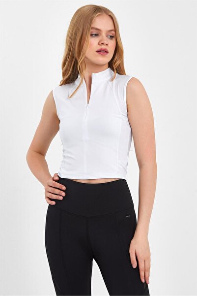 GRAB Λευκό μπλουζάκι με ψηλό γιακά με φερμουάρ