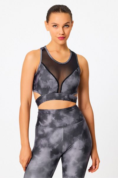 GRAB Gray Tie Dye Pattern Tulle Detailed Sports Bra