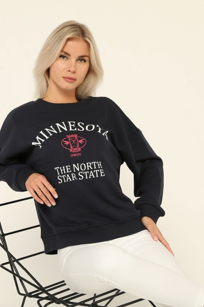 Owut Collection Women's Print Detailed Navy Blue Crew Neck Sweatshirt