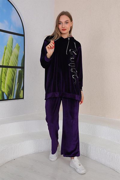 WestBound Women's Velvet Stone Embroidered Hooded Set - PURPLE