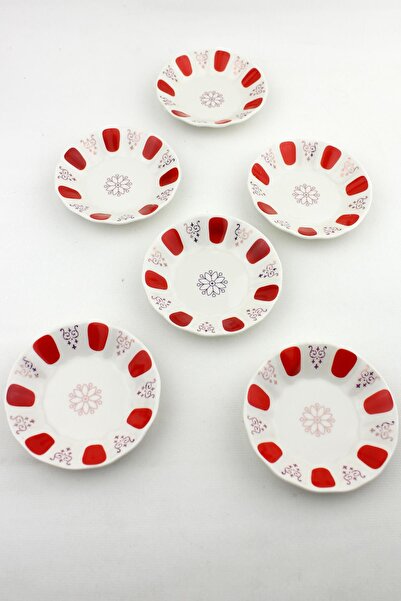 ALBETTO 6 Lı Porselen Çay Tabak Kırmızı Kahveci Model