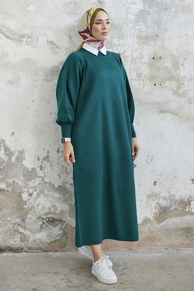InStyle Rochie din Tricotaj Mina Maneca Balon - Verde Petrol