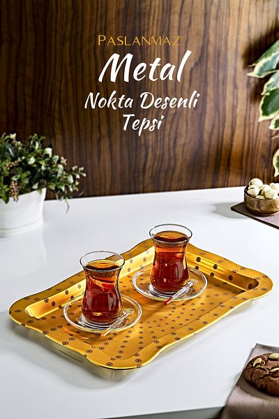 GRİMOR Life Gold Dot Patterned Metal Presentation Tray - Tea Coffee Tray 25x36.5 Cm
