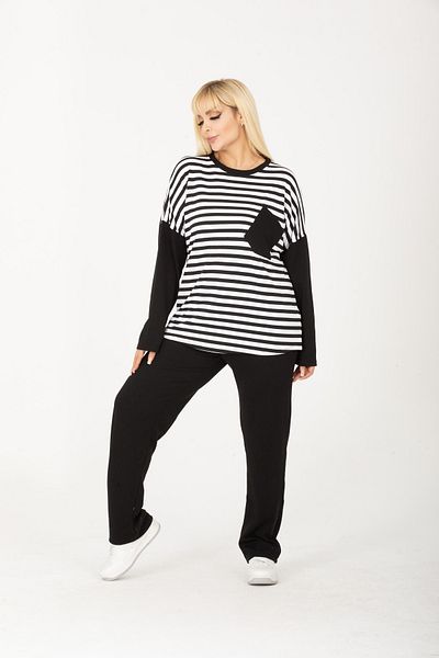 xlargebutik PLUS SIZE WOMEN'S CLOTHING TWO THREAD COMBED FABRIC BLACK AND WHITE STRIPED SUIT