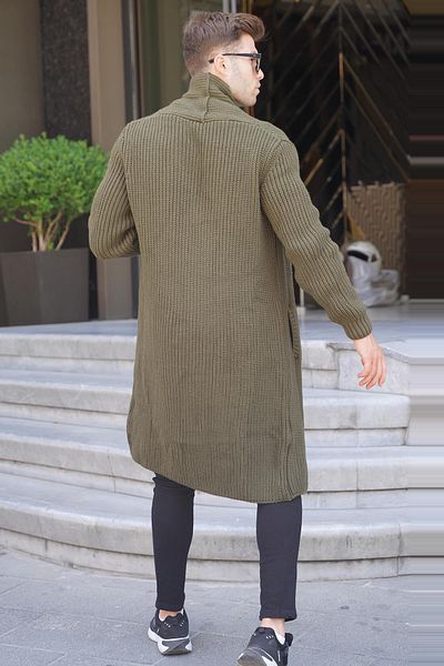 Madmext Khaki magas gallérú zsebes hosszú kötött kardigán 6816