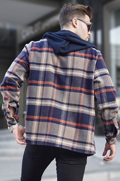 Madmext Lacivert Kapüşonlu Ekoseli Oduncu Gömlek 5577