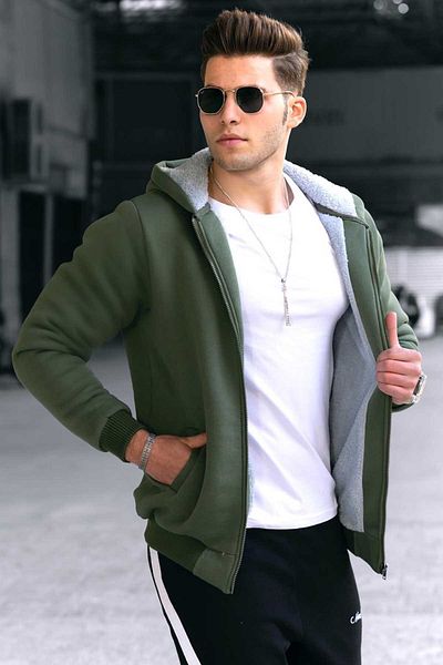 Madmext Khakifarbene Strickjacke mit Fell innen 22377