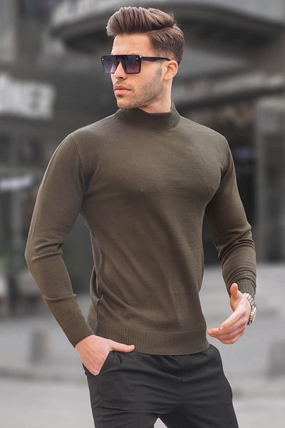 Madmext Khaki Slim Fit fél garbós férfi kötött pulóver 6343