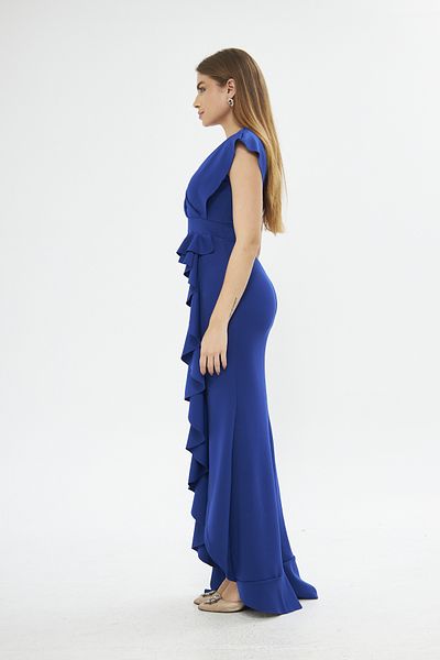 ModaLy Moda ROCHIE DE SEARĂ FLEXIBILĂ DE PÂSĂRĂ ALBASTRĂ DETALIE VOLANTĂ CU TĂIȘĂ PRINCESS TAIL GL-729 582443