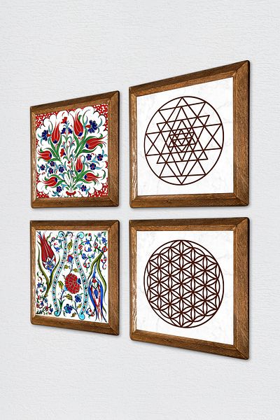 Pinecone Tulip, Flower of Life, Sri Yantra Stone Wall Painting Wooden Framed Wall Decor Set of 4 Paintings