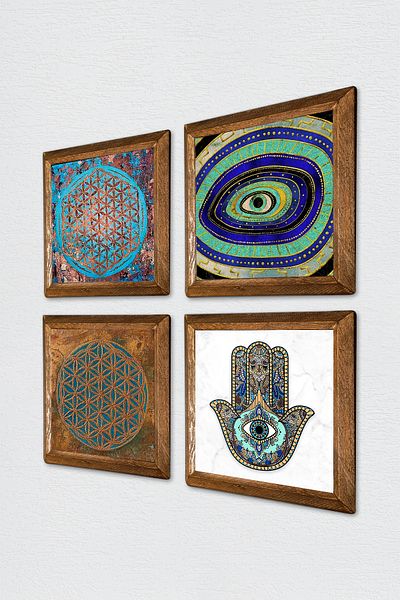 Pinecone Evil Eye, Flower of Life, Fatma Mother Hand Stone Wall Painting Wooden Framed Wall Decor 4 Piece Painting W4-429