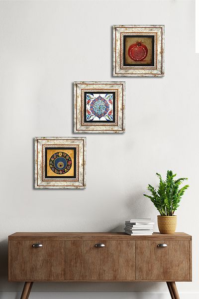 Pinecone Evil Eye Bead, Prayer of Fertility, Chinese Art Stone Wall Painting Framed Wall Decor Set of 3 Tk3-277
