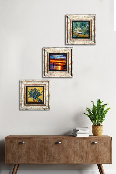Pinecone Van Gogh Irises, Oise Bank, Seascape Stone Wall Painting Framed Wall Decor 3 Piece Painting