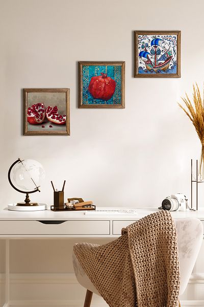 Pinecone Tile Art Sailing Ship, Pomegranate Stone Wall Painting with Wooden Frame Wall Decor Set of 3 Painting Wall Art