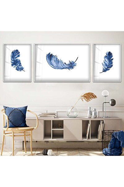 Zevahir Mobilya Dekorasyon Beyaz Metal Çerçeveli Mavi Kuş Tüyü Üçlü Kırılmaz ...