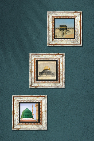 Pinecone Kabe-i Muazzama, Mescid-i Aksa, Ravza-i Mutahhara Taş Duvar Tablosu Çerçeveli Duvar Dekoru 3lü Tablo