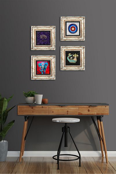 Pinecone Evil Eye, Tree of Life, Elephant, Shahmeran Stone Wall Painting Framed Wall Decor Set of 4 Paintings Tk4-1142