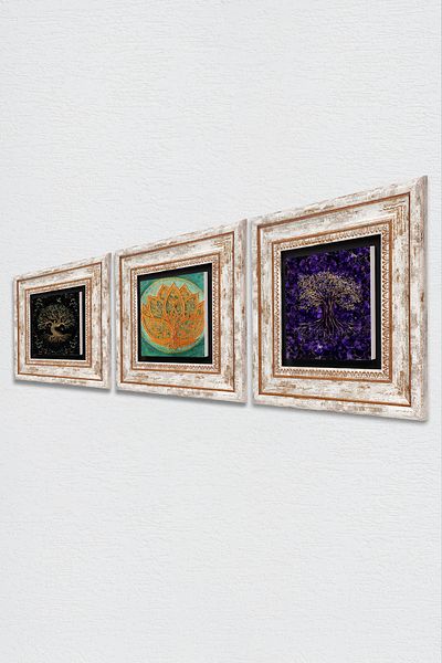 Pinecone Lotus Flower, Tree of Life Stone Wall Painting Framed Wall Decor 3 Piece Painting Set Wall Art