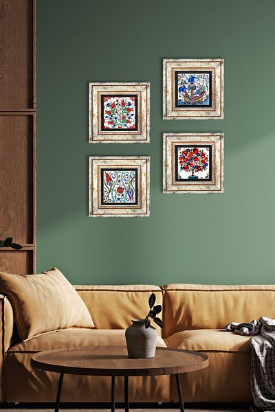 Pinecone Navă cu pânze, lalele, pictură pe perete din piatră de rodie, decor de perete înrămat, set de 4 artă de perete