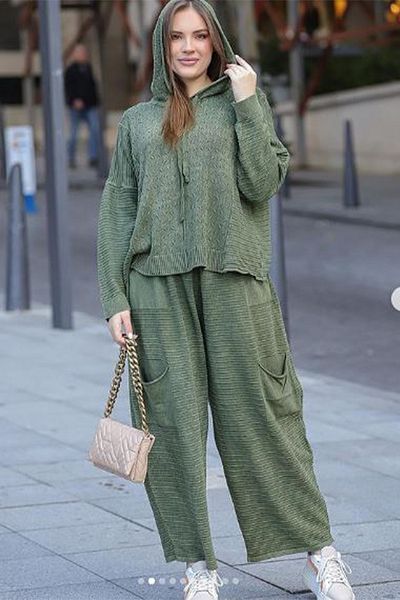 AYASOFYA OTANTIK Women's Khaki Hooded Sweater and Pants 2-Piece Oversize Loose Cotton Knitwear Set