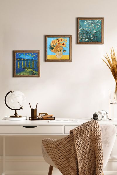 Pinecone Van Gogh Pictură pe perete cu piatră Decor de perete cu rame din lemn Set de pictură din 3 piese Wall Art W3-506