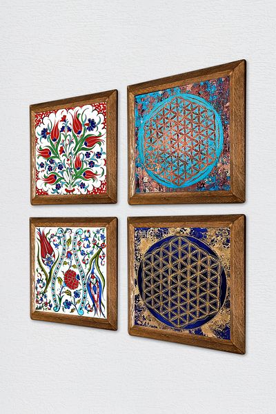 Pinecone Tulip, Flower of Life Stone Wall Painting Wood Framed Wall Decor 4 Piece Painting Set W4-707