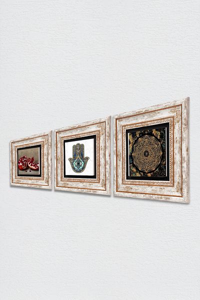 Pinecone Sri Yantra, Rodie, Fatma Ana Hand (HAMSA) Pictură pe perete cu piatră Decor de perete înrămat Set 3 piese Tk3-751