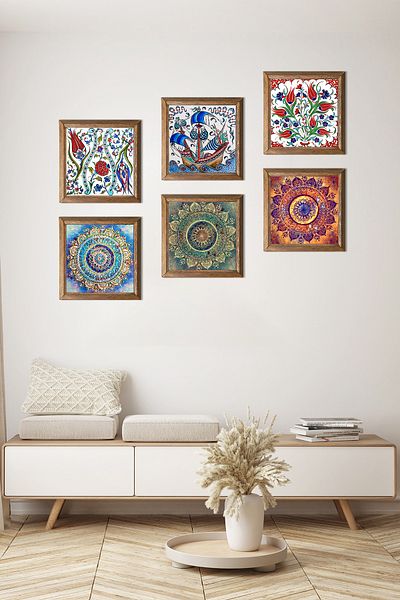 Pinecone Mandala, Tile Art Sailing Ship, Tulip Stone Wall Painting Wooden Framed Wall Decor 6-Piece Painting