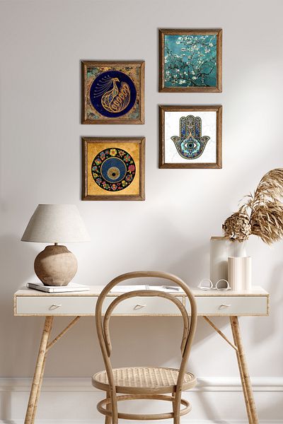Pinecone Păun, ochi rău, arbore de migdale Van Gogh, mână Fatma Ana (HAMSA) Decor de perete înrămat cu pictură pe piatră