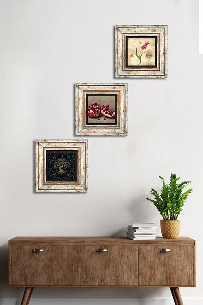 Pinecone Tree of Life, Tulip Marbling Art, Pomegranate Stone Wall Painting Framed Wall Decor Set of 3 Painting Tk3-1627