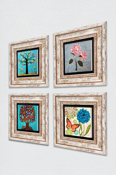 Pinecone Butterfly, Pink Hydrangea Flower, Tree of Life Stone Wall Painting Framed Wall Decor Set of 4 Wall Art