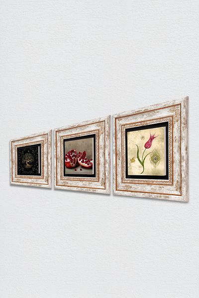 Pinecone Tree of Life, Tulip Marbling Art, Pomegranate Stone Wall Painting Framed Wall Decor Set of 3 Painting Tk3-1627