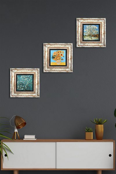 Pinecone Van Gogh Stone Wall Painting Framed Wall Decor 3 Piece Painting Set Wall Art Tk3-570
