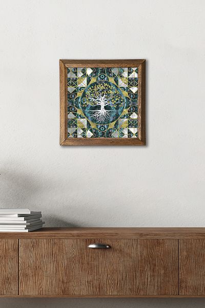 Pinecone Tree of Life Stone Wall Painting Wooden Framed Wall Decor Wall Art 25X25Cm W1-238