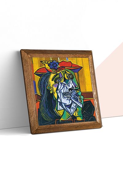 Pinecone Pablo Picasso Plângând Femeie Pictură pe Piatră Decor de Perete cu Cadru din Lemn Artă de Perete 25x25cm