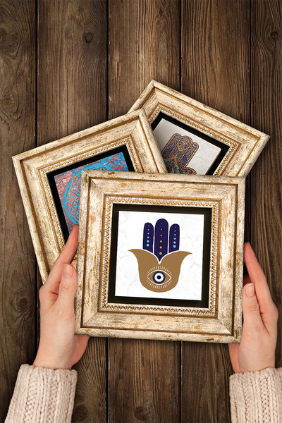 Pinecone Fatma Mother Hand (Hamsa), Nazar Stone Wall Painting Framed Wall Decor 3 Piece Painting Set Tk3-1725