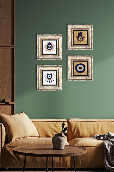 Pinecone Fatma Ana Hand (HAMSA), Pictură pe perete cu piatră Nazar Decor de perete înrămat Set de pictură 4 piese Tk4-1080