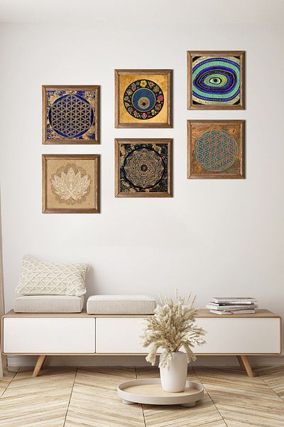 Pinecone Sri Yantra, Lotus Flower, Flower of Life, Evil Eye Stone Wall Painting Wooden Framed Wall Decor Painting