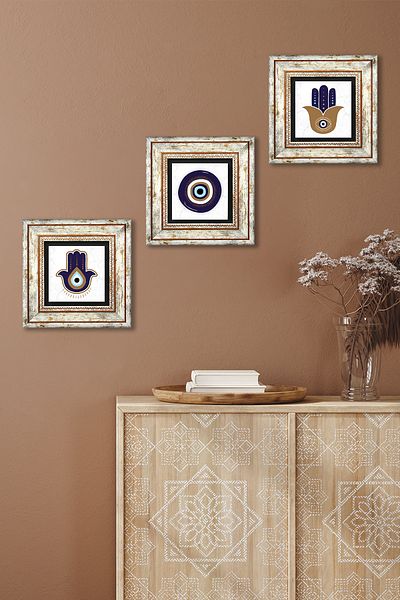 Pinecone Fatma Ana Hand (HAMSA), Pictură pe perete cu piatră Nazar Decor de perete înrămat Set de pictură 3 piese Tk3-1725