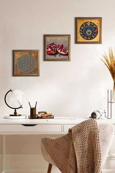 Pinecone Flower of Life, Evil Eye Bead, Pomegranate Stone Wall Painting Wood Framed Wall Decor Painting Set W3-1623