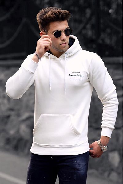 Madmext Printed White Hooded Sweatshirt 4395