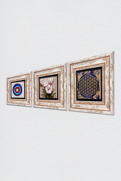 Pinecone Evil Eye, Flower of Life, Butterfly Flower Stone Wall Painting Framed Wall Decor 3 Piece Set Wall Art